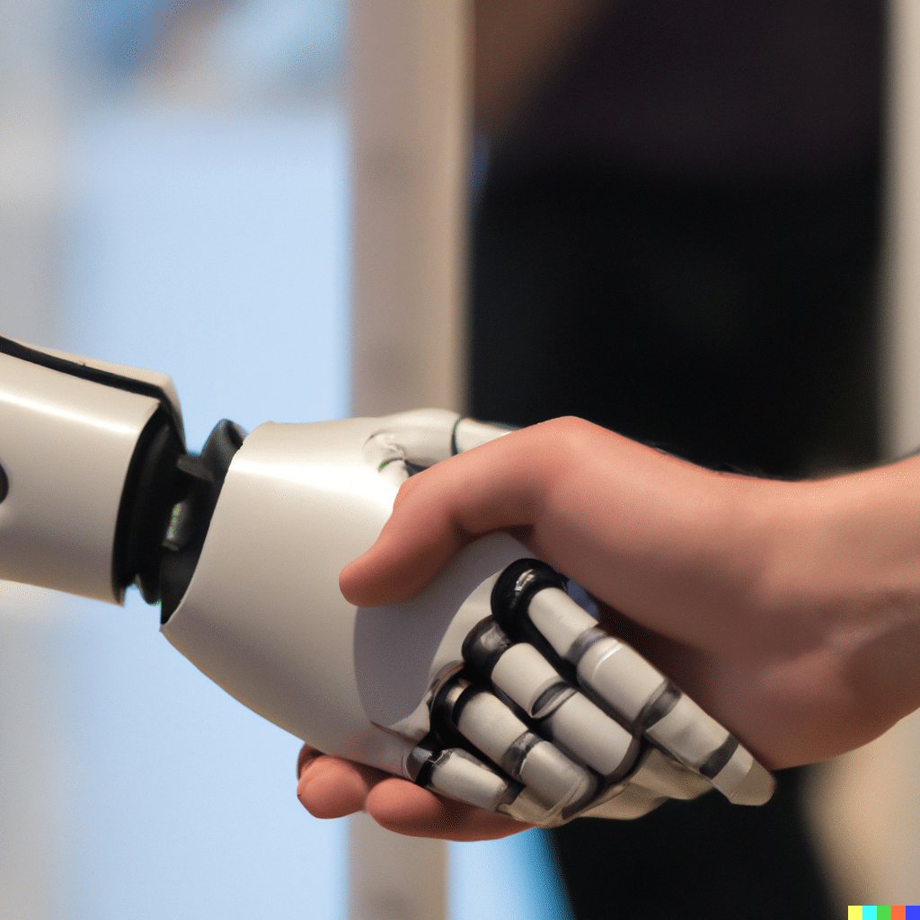 Human arm shaking the arm of a robot