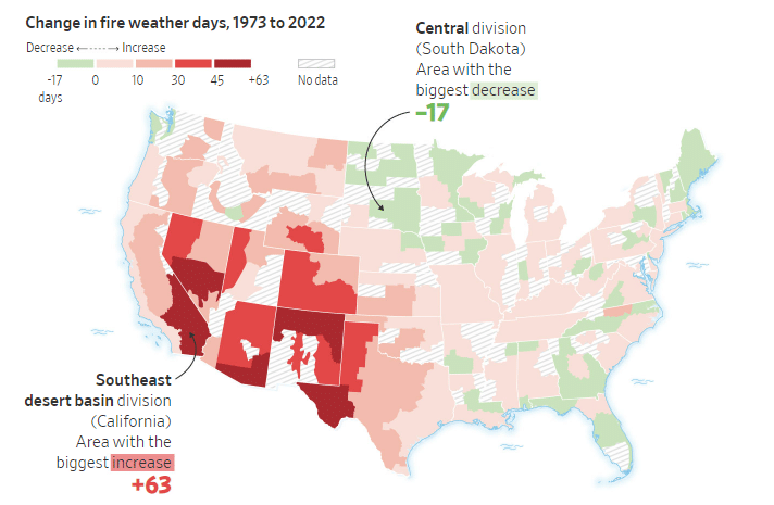Note: Annual change in average number of fire weather days

Source: Climate Central
Camille Bressange/THE WALL STREET JOURNAL